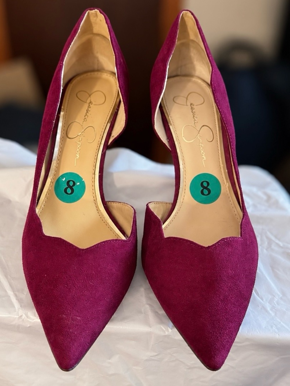 Jessica Simpson Magenta Suede Scalloped Pointed Toe Heels